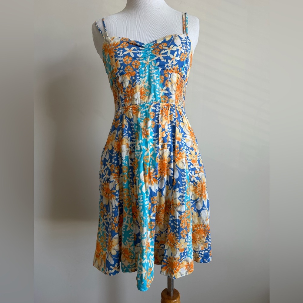Free People Blue & Orange Floral Mini tie back Dress-Size 6